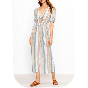 LOFT Beach Striped Tie Front Wide Leg Jumpsuit Whisper White Womens XL NWT